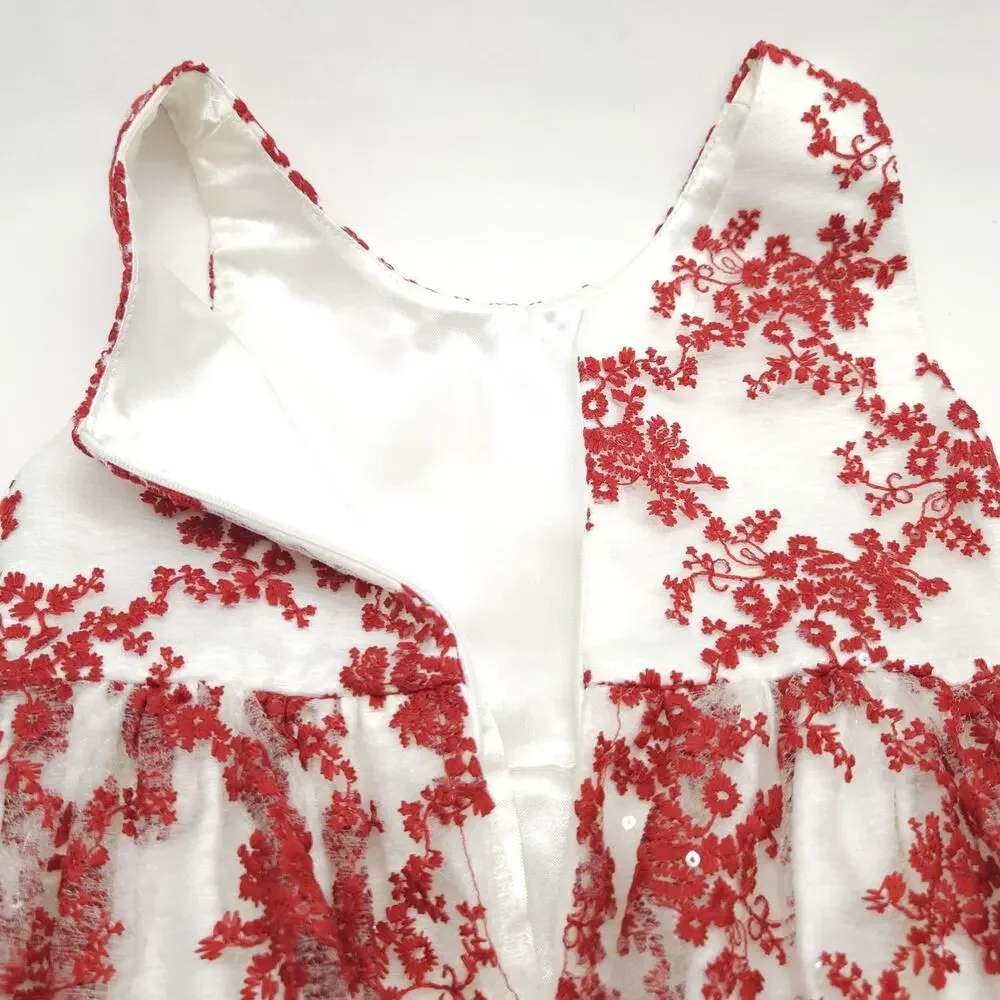 American Princess 3T Red Holiday Party Dress Floral Embroidery Tulle Formal EUC